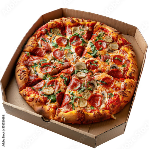 A freshly baked pepperoni and mushroom pizza in a cardboard box, ready to be enjoyed.