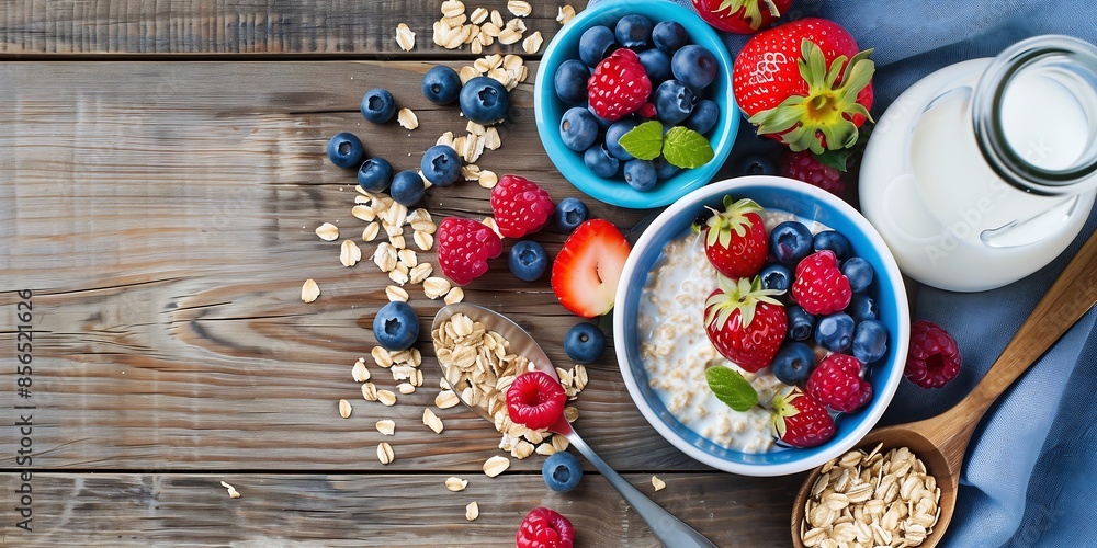 Ingredients Spread for Overnight Oats with Berries on Rustic Wooden Surface with Space for Promotional Banner Ingredients Spread for Overnight Oats with Berries on Rustic Wooden Surface with Space for Promotional Banner