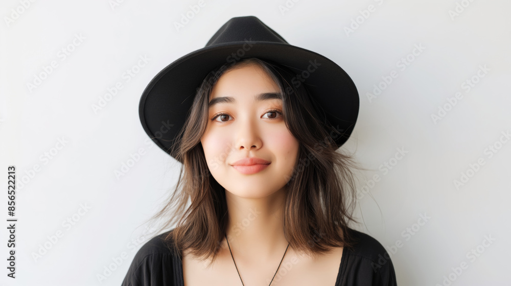 Young woman wearing a black hat and smiling against white background. Young woman wearing a black hat and smiling against white background.