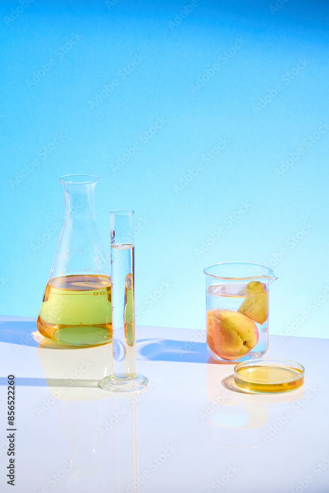 Fototapeta premium High angle shot at the table of lab containing some experiment tools like transparent measuring cylinder, an erlenmeyer filled by peach extract and a beaker soaking peach. Vacant space for designing