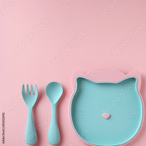 Toddler plate and cutlery set, cat shaped plate, spoon and fork in pastel color. Baby Tableware on Pink background. The concept of a children's menu, proper nutrition photo