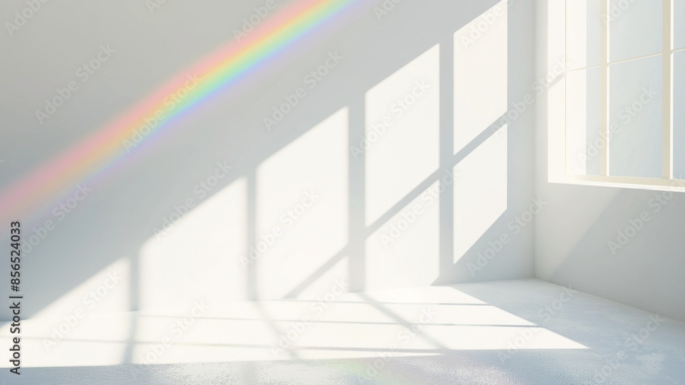 Fototapeta premium Empty room with rainbow light refraction overlay with window shadow