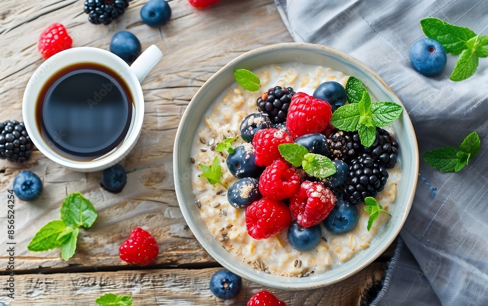 Cozy Breakfast Setting with Bowl of Overnight Oats Topped with Fresh Berries, Coffee, and Napkin on Wooden Table Cozy Breakfast Setting with Bowl of Overnight Oats Topped with Fresh Berries, Coffee, and Napkin on Wooden Table