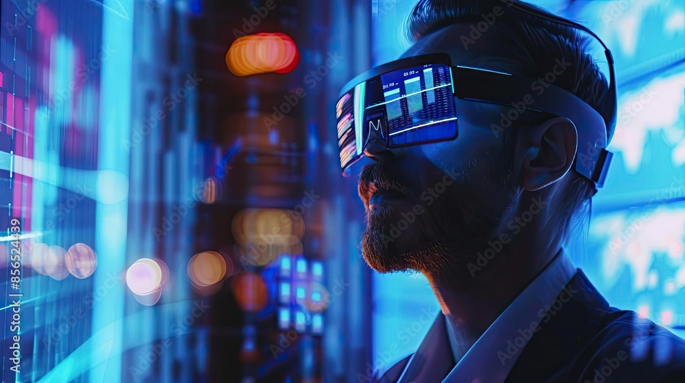 Man wearing futuristic VR headset immersed in a digital world, symbolizing advanced technology, virtual reality, and innovation. Man wearing futuristic VR headset immersed in a digital world, symbolizing advanced technology, virtual reality, and innovation.