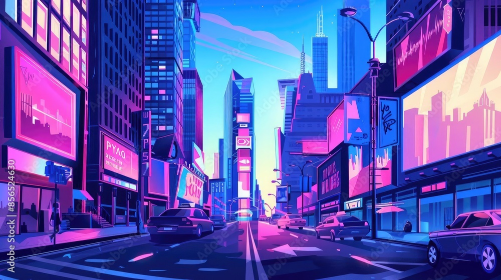 Obraz premium Vibrant digital art of a futuristic city at night with bright neon lights, tall skyscrapers, and bustling urban streets.