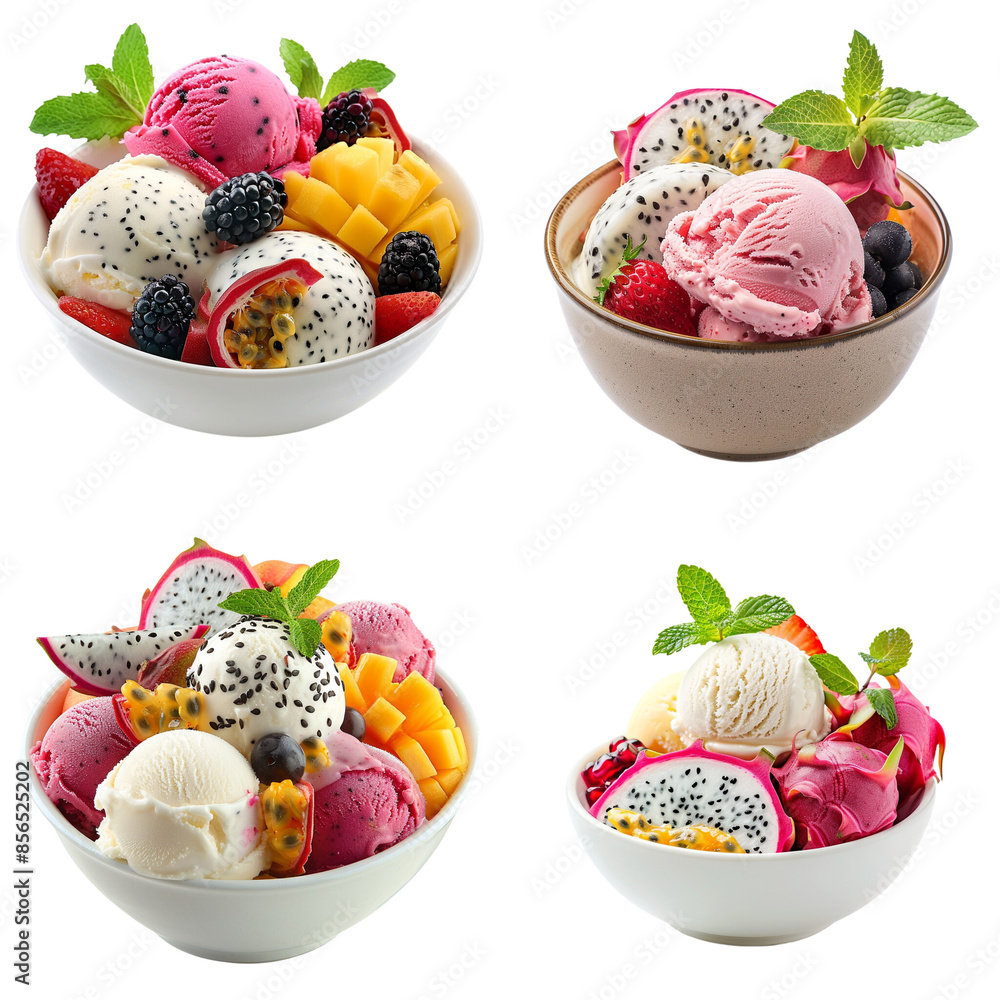Tropical fruit ice cream bowls with dragon fruit and mango Tropical fruit ice cream bowls with dragon fruit and mango