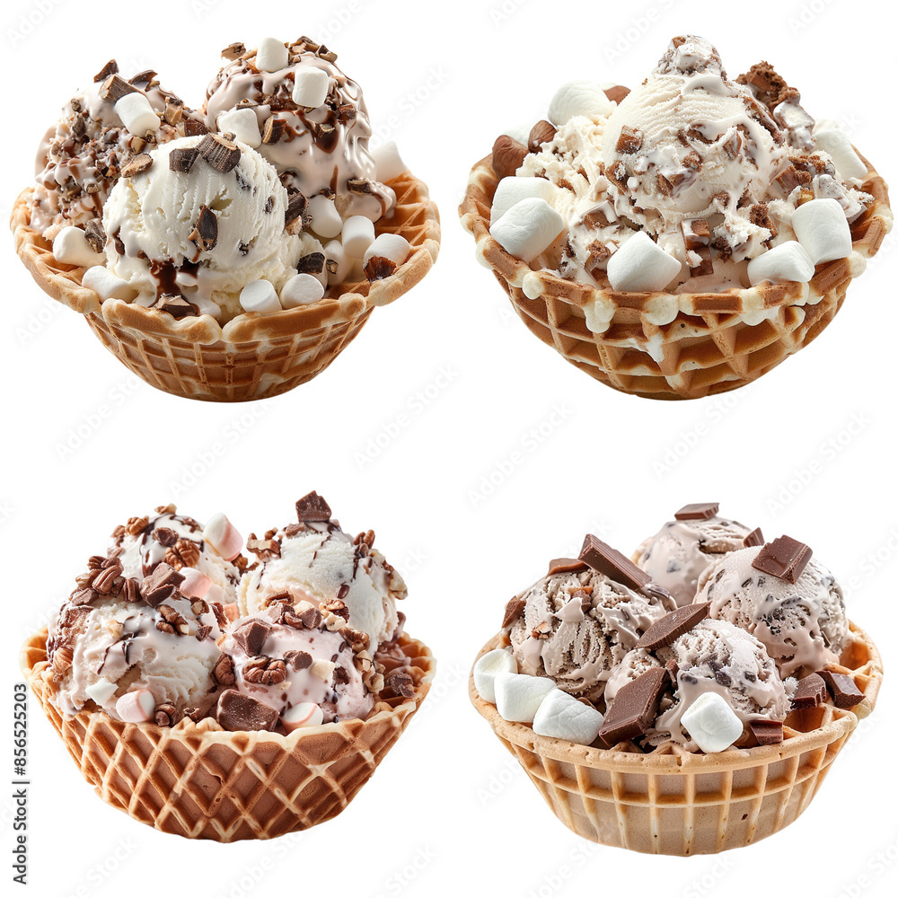 Waffle bowls with assorted ice cream, chocolate chunks, and marshmallows Waffle bowls with assorted ice cream, chocolate chunks, and marshmallows
