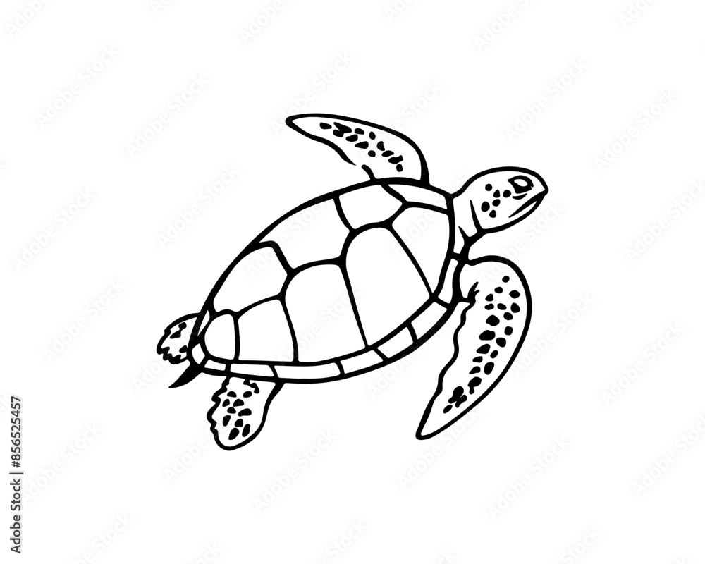 Fototapeta premium Vector isolated cute cartoon swimming sea turtle colorless black and white contour line drawing, sea turtle silhouette 