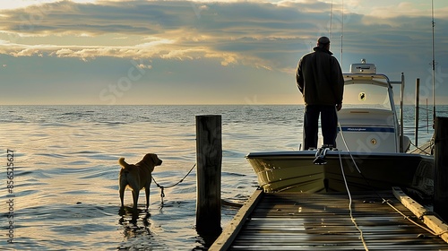 The foreground captures a man launching a fishing boat into the ocean, while his pet dog stands on the dock, eyes following him with a mix of curiosity and concern.