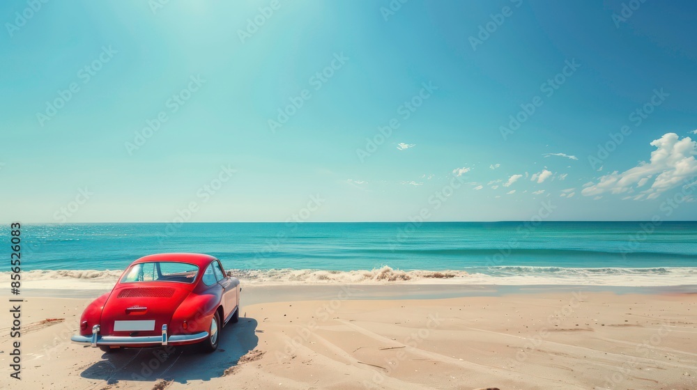 A fancy red car parked along beautiful broad beach under blue clear sky, with copy space, travel concept landscape scene. Generative AI A fancy red car parked along beautiful broad beach under blue clear sky, with copy space, travel concept landscape scene. Generative AI