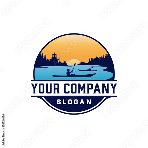 Lake kayaking logo emblem vector with masculine style design