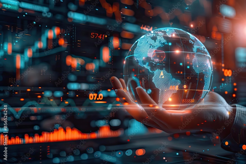 Hand holding a glowing digital globe with financial data and stock market graphs in the background, symbolizing global business and technology. Hand holding a glowing digital globe with financial data and stock market graphs in the background, symbolizing global business and technology.