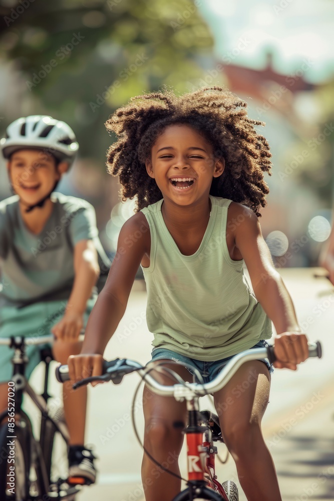 Obraz premium A photo of a happy black kid riding a bike in a city with buildings and cars behind them
