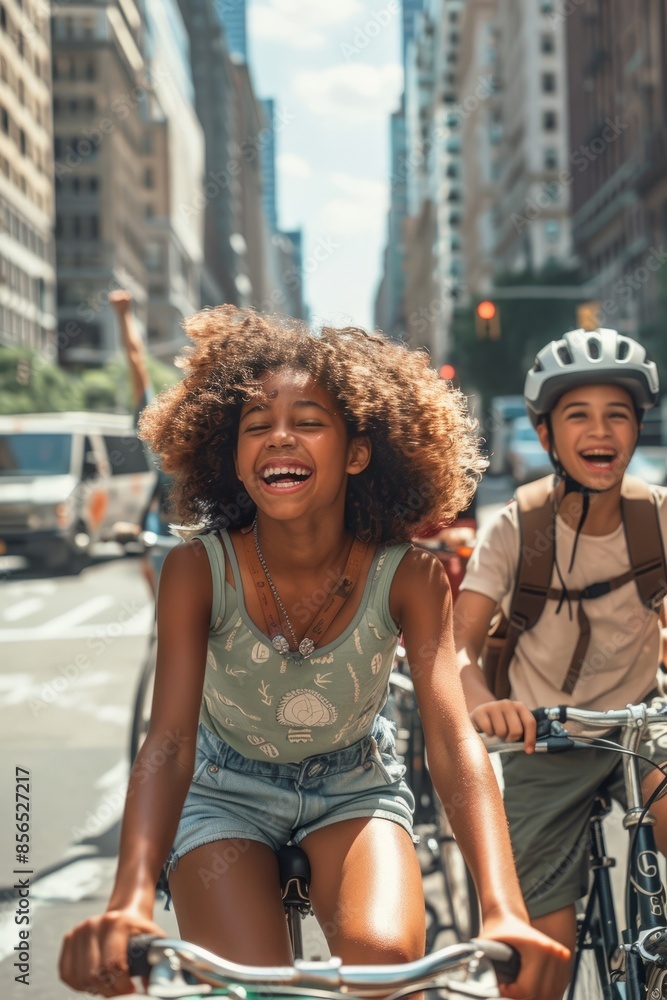 A photo of a happy black kid riding a bike in a city with buildings and cars behind them A photo of a happy black kid riding a bike in a city with buildings and cars behind them