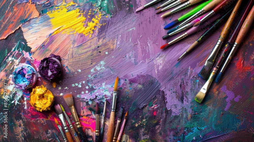 Obraz premium Art supplies on a violet backdrop