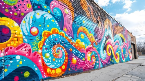 Urban graffiti mural with vibrant colors and bold designs, covering an entire city wall photo