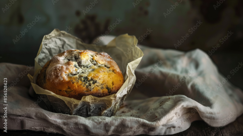 Food Spoilage: Unrecognizable Moldy Muffin in Paper Wrapper Food Spoilage: Unrecognizable Moldy Muffin in Paper Wrapper