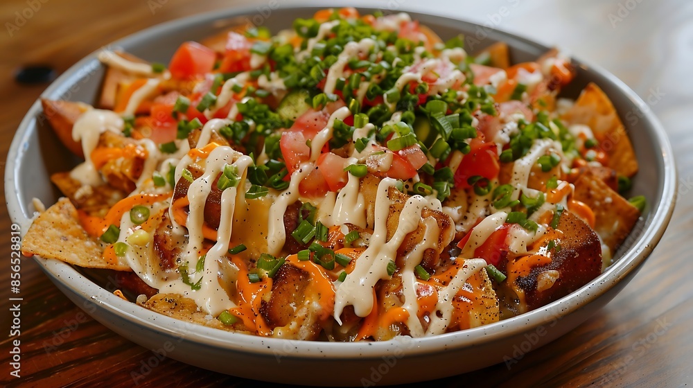 A plate of nachos with meat and vegetables A plate of nachos with meat and vegetables
