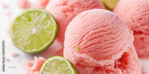 Exotic guava and lime sorbet, a closeup of exotic guava and lime sorbet, its bright pink color and tangy flavor highlighted against a white background