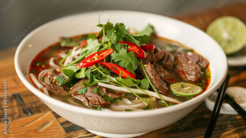 Authentic Vietnamese Pho: A Delicious Bowl of Beef Noodle Soup Garnished with Fresh Herbs, Chili, and Lime for a Flavorful Culinary Experience. Image made using Generative AI Authentic Vietnamese Pho: A Delicious Bowl of Beef Noodle Soup Garnished with Fresh Herbs, Chili, and Lime for a Flavorful Culinary Experience. Image made using Generative AI