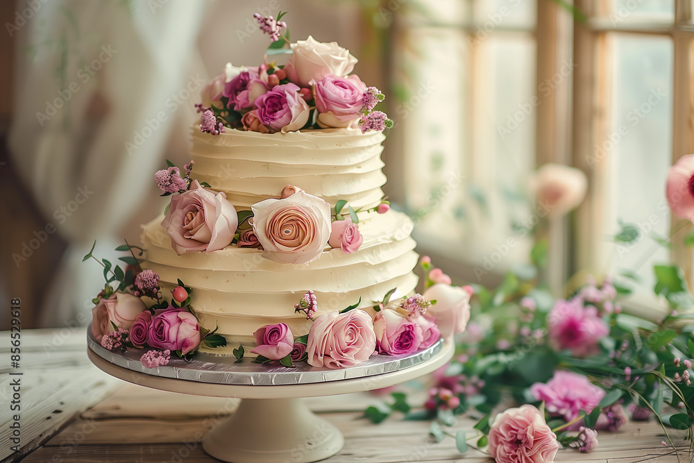 pink rose on wedding cake with copy space pink rose on wedding cake with copy space