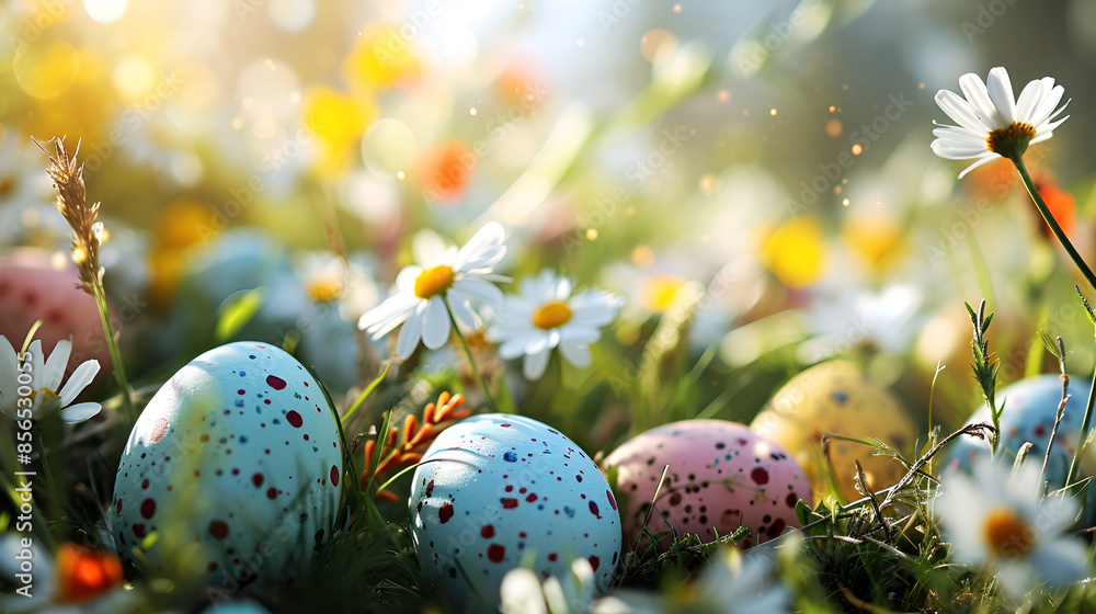 Painted Easter Eggs Among Daisies in Sunlit Grass Painted Easter Eggs Among Daisies in Sunlit Grass