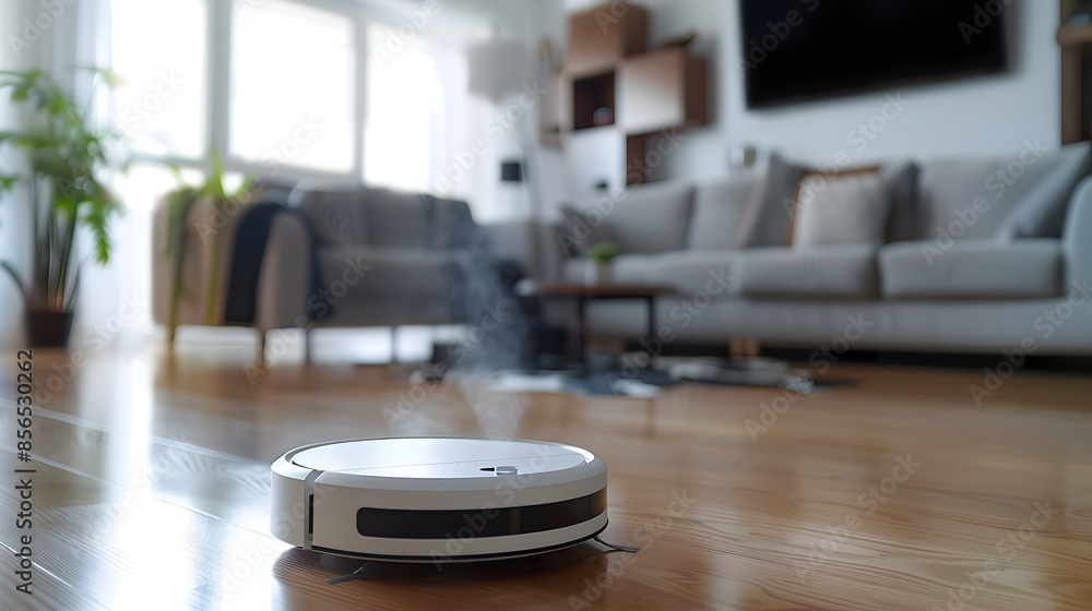 Defocused Robot Dusting Shelves in Modern Living Room with Shallow Depth of Field Defocused Robot Dusting Shelves in Modern Living Room with Shallow Depth of Field