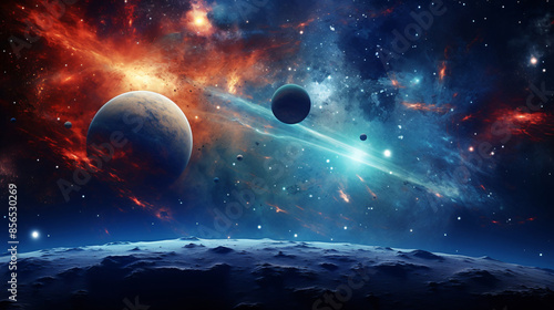 Colorful galaxy with planets and stars with copy space for space, universe, and astronomy themes photo