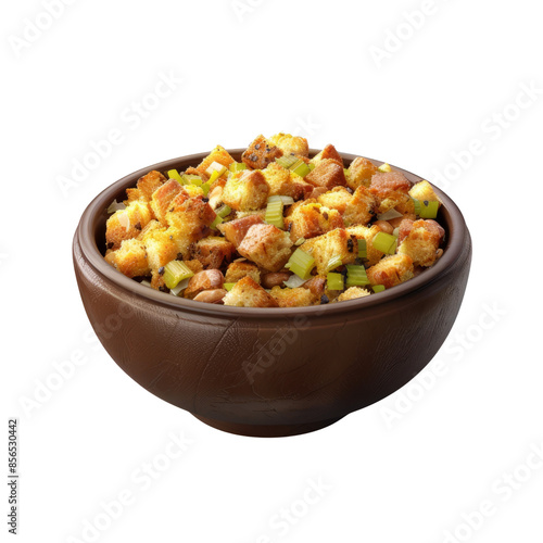 A delicious bowl of homemade stuffing with diced vegetables served in a brown bowl, perfect for holiday feasts. photo