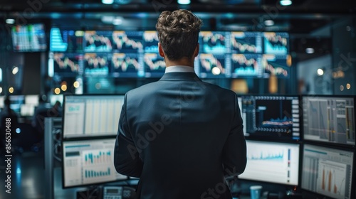 Modern Hedge Fund Office: Successful Financial Analyst with Multi-Monitor Workstation and Real-Time Stocks