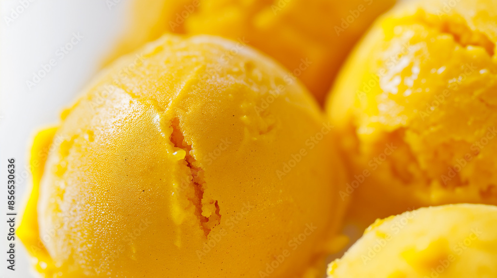 Chic turmeric and coconut sorbet, a closeup of chic turmeric and coconut sorbet, its bright yellow color and creamy texture against a white background Chic turmeric and coconut sorbet, a closeup of chic turmeric and coconut sorbet, its bright yellow color and creamy texture against a white background