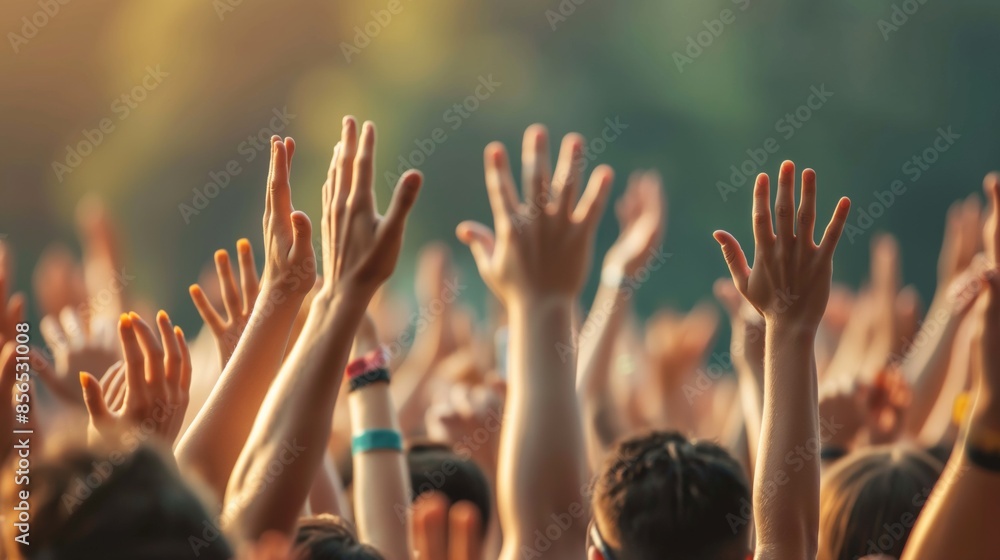 Crowd of people raising hands at outdoor concert during daytime. Crowd of people raising hands at outdoor concert during daytime.