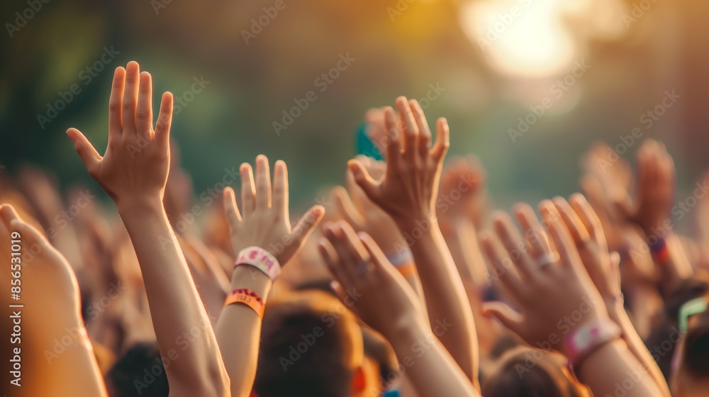 Crowd of people raising hands at outdoor concert during daytime. Crowd of people raising hands at outdoor concert during daytime.
