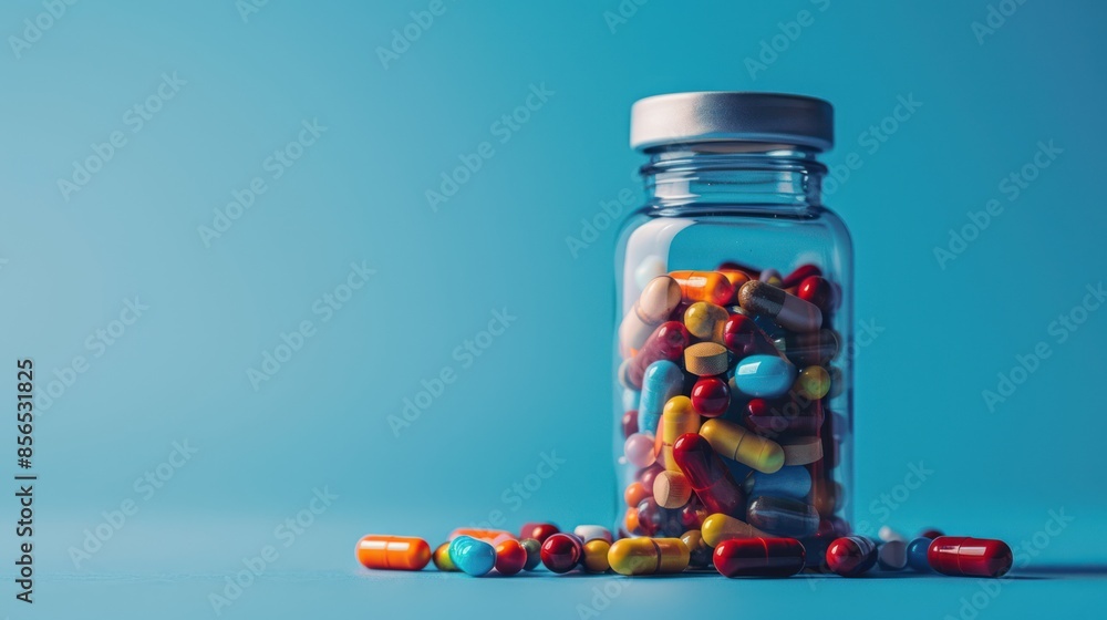 Pharmaceutical Industry: Medicine Bottle with Painkiller Capsules and Antibiotics on Blue Background - Online Pharmacy and Drug Resistance Concept Pharmaceutical Industry: Medicine Bottle with Painkiller Capsules and Antibiotics on Blue Background - Online Pharmacy and Drug Resistance Concept