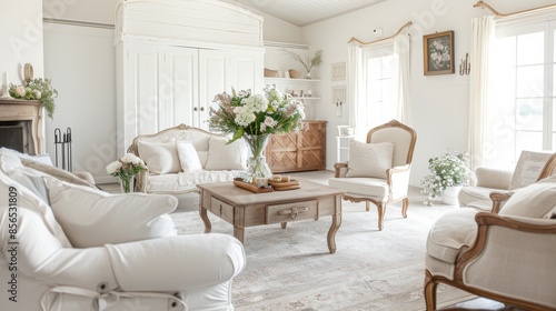 An elegant French provincial-inspired lounge design boasting a white canvas backdrop, Adorned with vintage French furnishings and delicate floral accents, French provincial chic style © Keyho