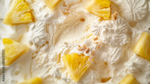 Chic pina colada gelato, a closeup of chic pina colada gelato, its creamy texture and tropical flavors of coconut and pineapple against a white background