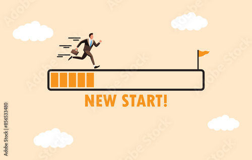 Male businessman running on the loading bar. New startup concept. Heading towards the goal of success. Flat vector illustration