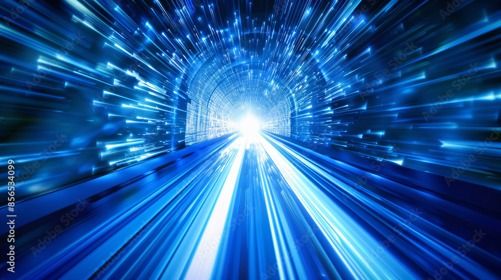 Obraz premium Abstract blue light tunnel with speed lines for technology, futuristic, and transportation themes