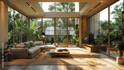A cozy interior shot of a living room bathed in natural light streaming through energy-efficient windows, with solar panels visible in the background © 2D_Jungle