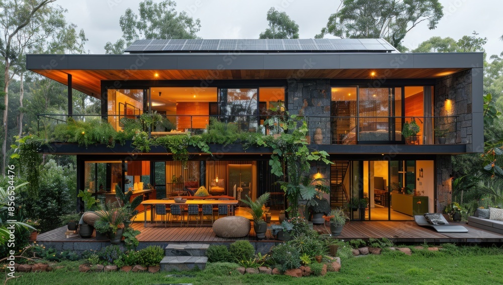 A family of four standing proudly in front of their energy-efficient home, adorned with solar panels and surrounded by native vegetation A family of four standing proudly in front of their energy-efficient home, adorned with solar panels and surrounded by native vegetation