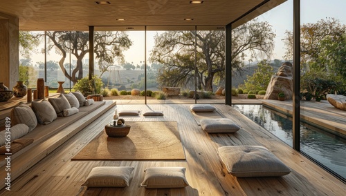 A serene yoga studio bathed in soft morning light, with floor-to-ceiling windows showcasing panoramic views of a solar-powered landscape © 2D_Jungle