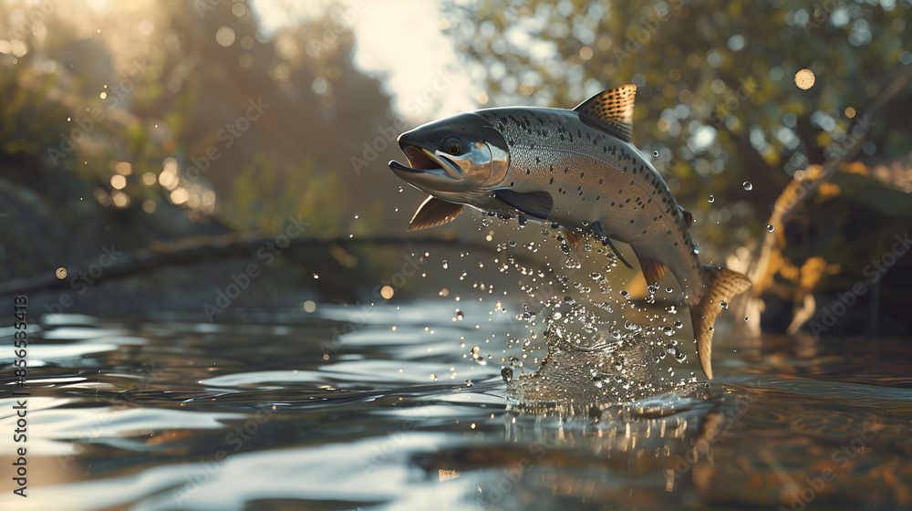Obraz premium Salmon Fish Salmon Fish Jumping Out of the Water Salmon Fish Jumping Out of the Stream Aspect 16:9