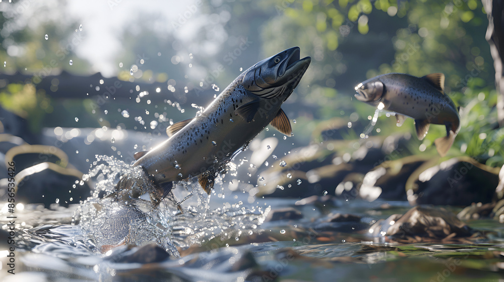 Obraz premium Salmon Fish Salmon Fish Jumping Out of the Water Salmon Fish Jumping Out of the Stream Aspect 16:9