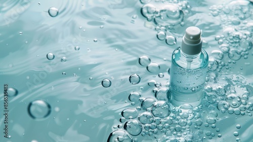 Skincare bubble bottle floating on water in light blue