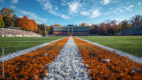 View of an unoccupied football field with a focus on the centerline and end zones, with a stadium in the background Generative AI photo