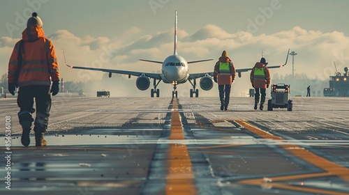 Ground crew performing a safety check on the runway photo