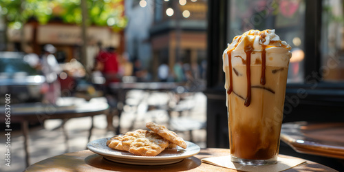 An image of a refreshing iced coffee served in a tall glass on a city terrace cafe