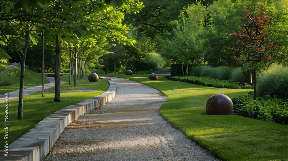Fototapeta premium Gravel paths surrounded by green spaces picture