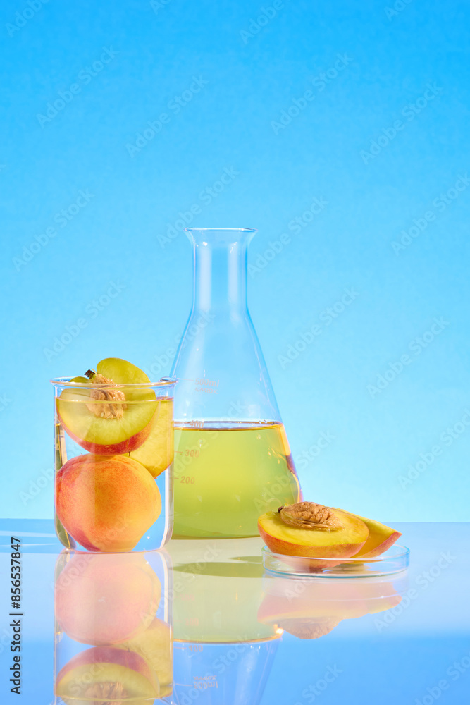Vertical frame photo on blue background, fresh peach and pure extract from it contained in glassware, which placed on the lab table. Space for product advertising and adding text Vertical frame photo on blue background, fresh peach and pure extract from it contained in glassware, which placed on the lab table. Space for product advertising and adding text