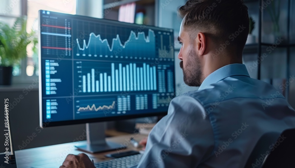 Analyzing Investment Trends: Businessman Presenting Data on Screen in Team Meeting at Modern Office Analyzing Investment Trends: Businessman Presenting Data on Screen in Team Meeting at Modern Office